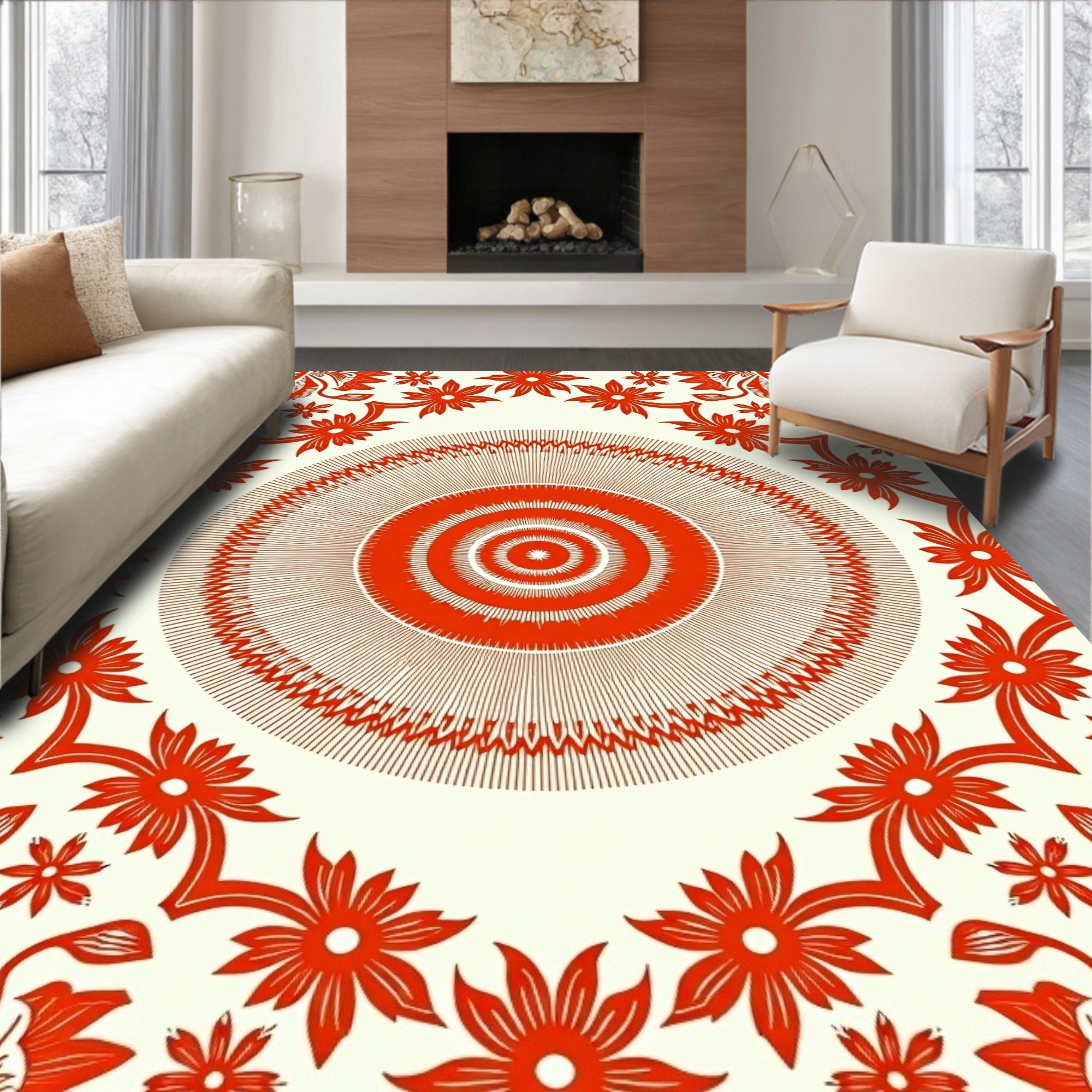 Red Floral Sunburst Mandala Design Rug