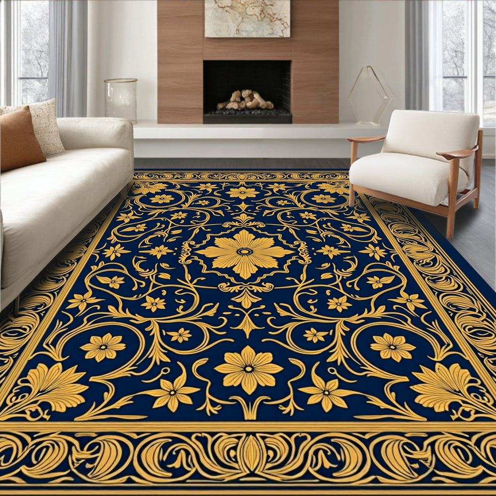 Ornate Floral Navy Gold Rug