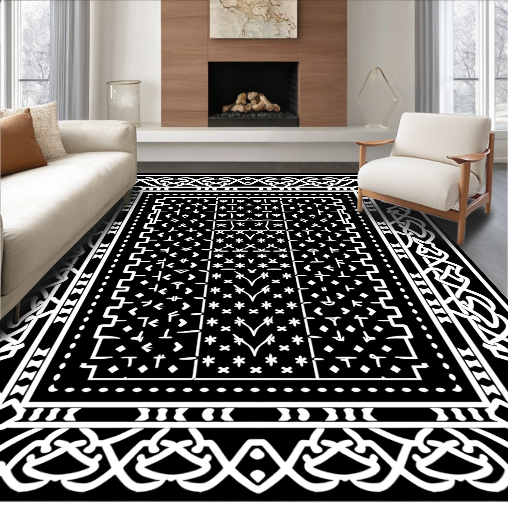Intricate Black White Geometric Mandala Rug