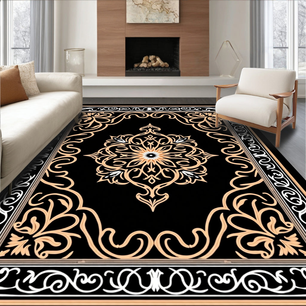 Elegant Floral Medallion Black Orange Rug