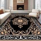 Elegant Floral Medallion Black Orange Rug