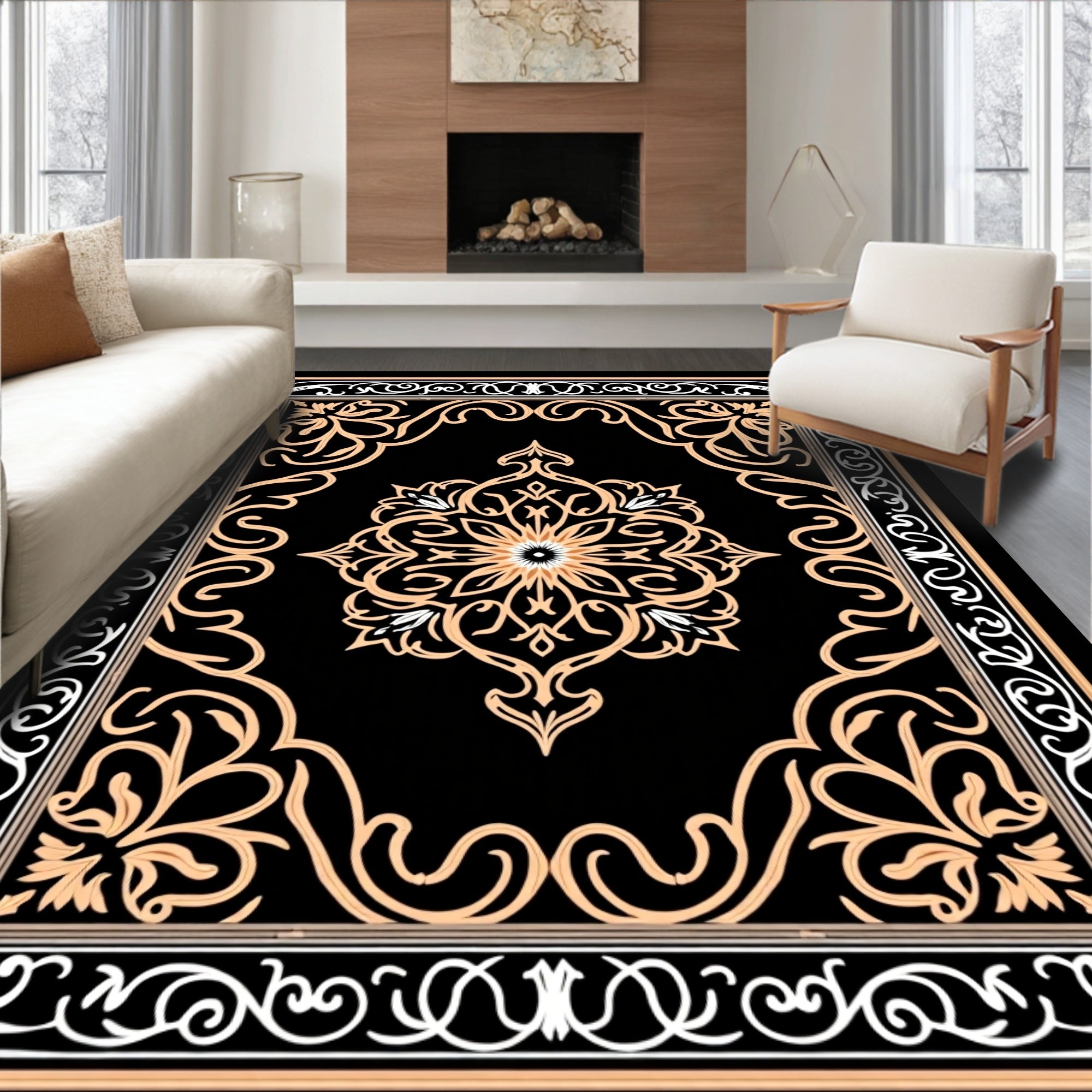 Elegant Floral Medallion Black Orange Rug