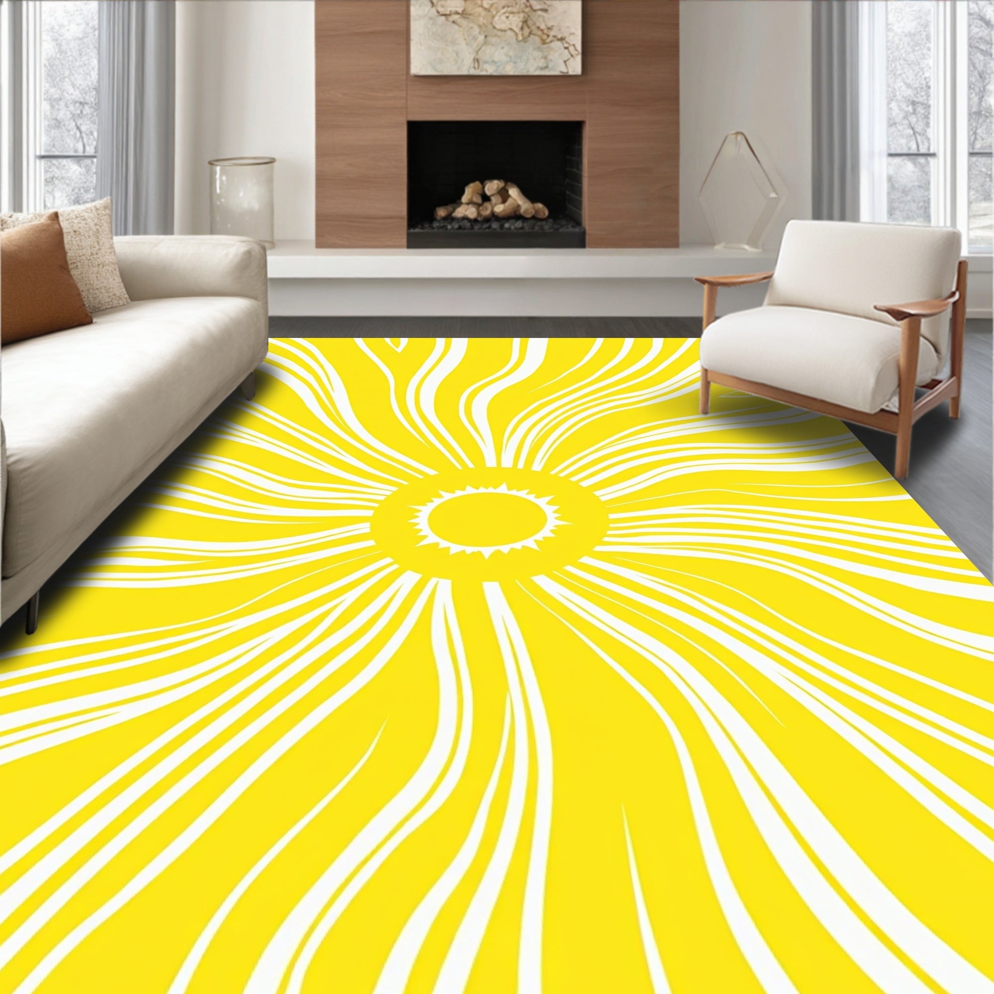 Radiant Yellow Sunburst Curved Lines Rug