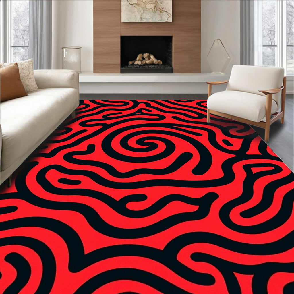 Bold Red Black Wavy Maze Design Rug