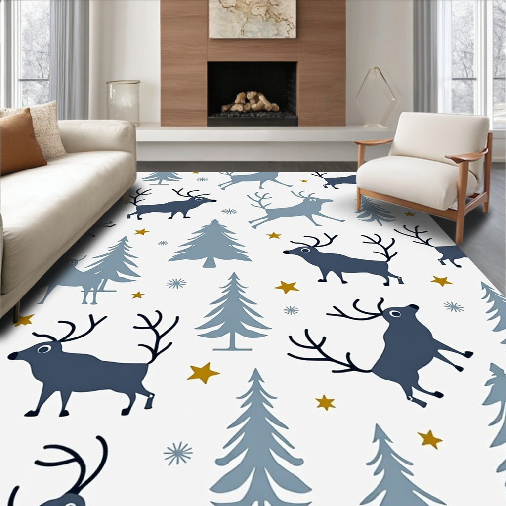 Woodland Reindeer And Trees Pattern Rug