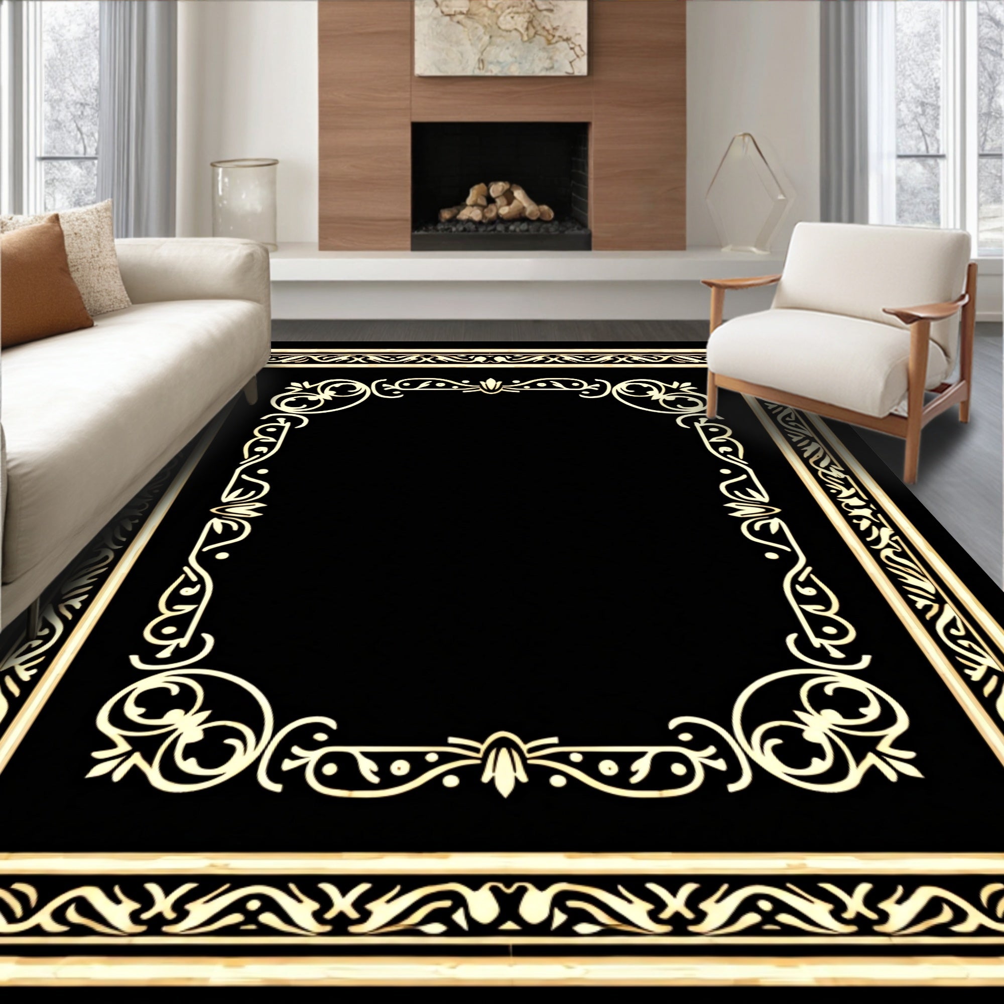 Elegant Gold Black Ornate Border Design Rug