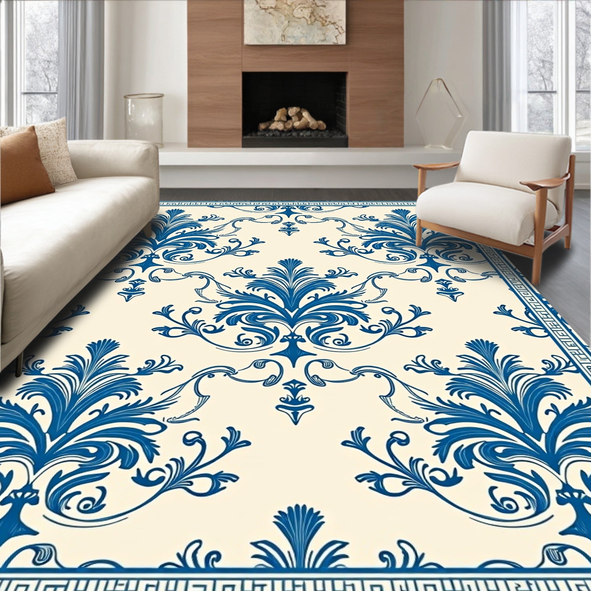 Classic Blue Floral Damask Design Rug