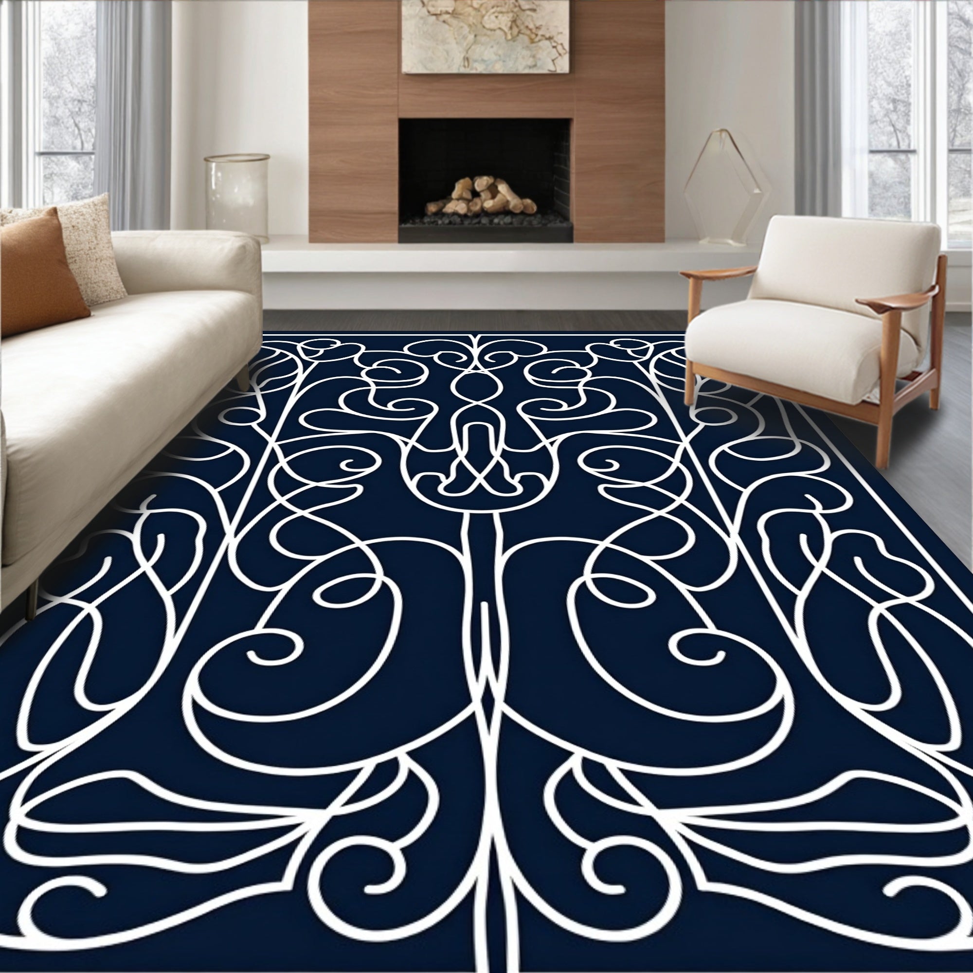 Art Nouveau White Floral Vine Pattern Rug