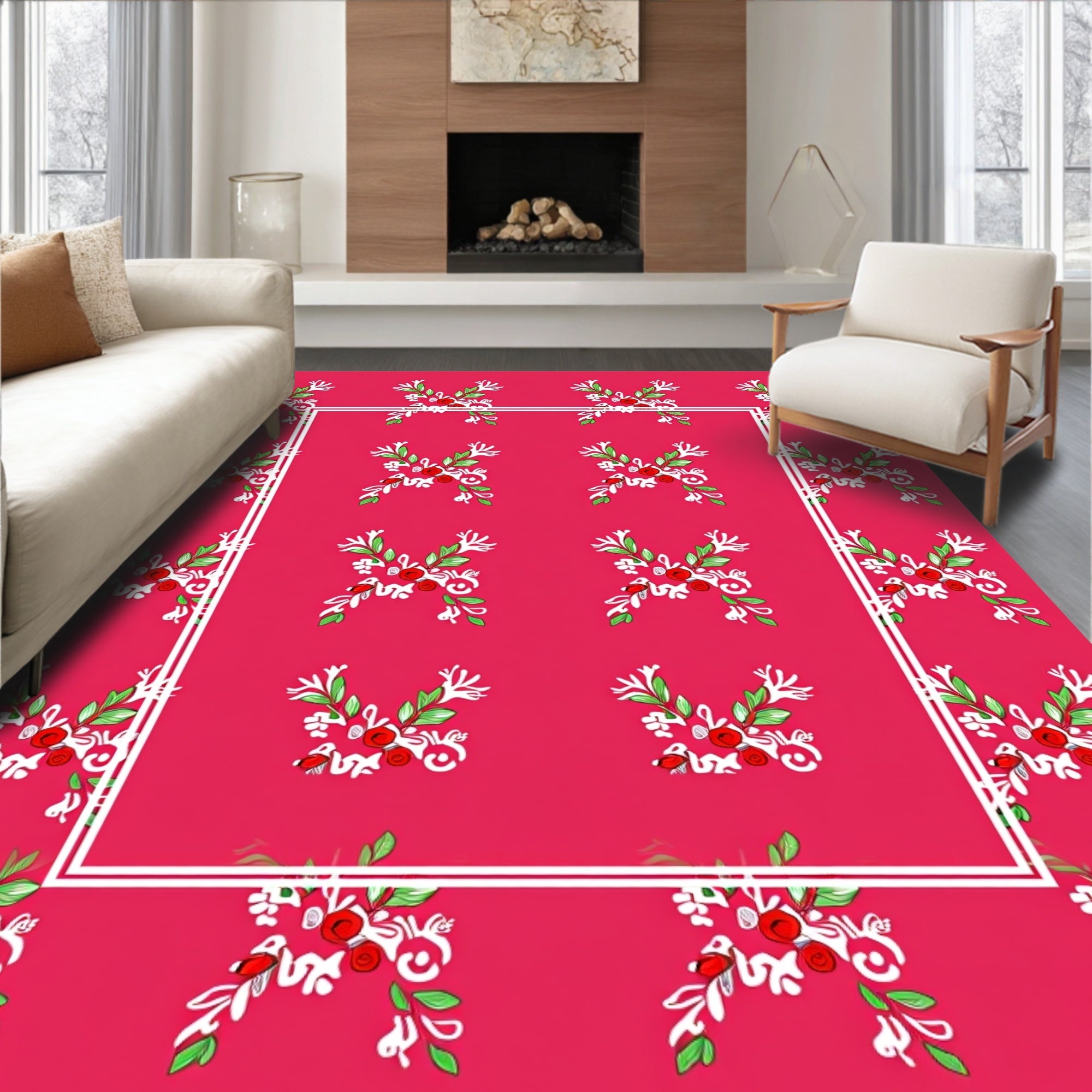 Crimson floral vine border accent Rug