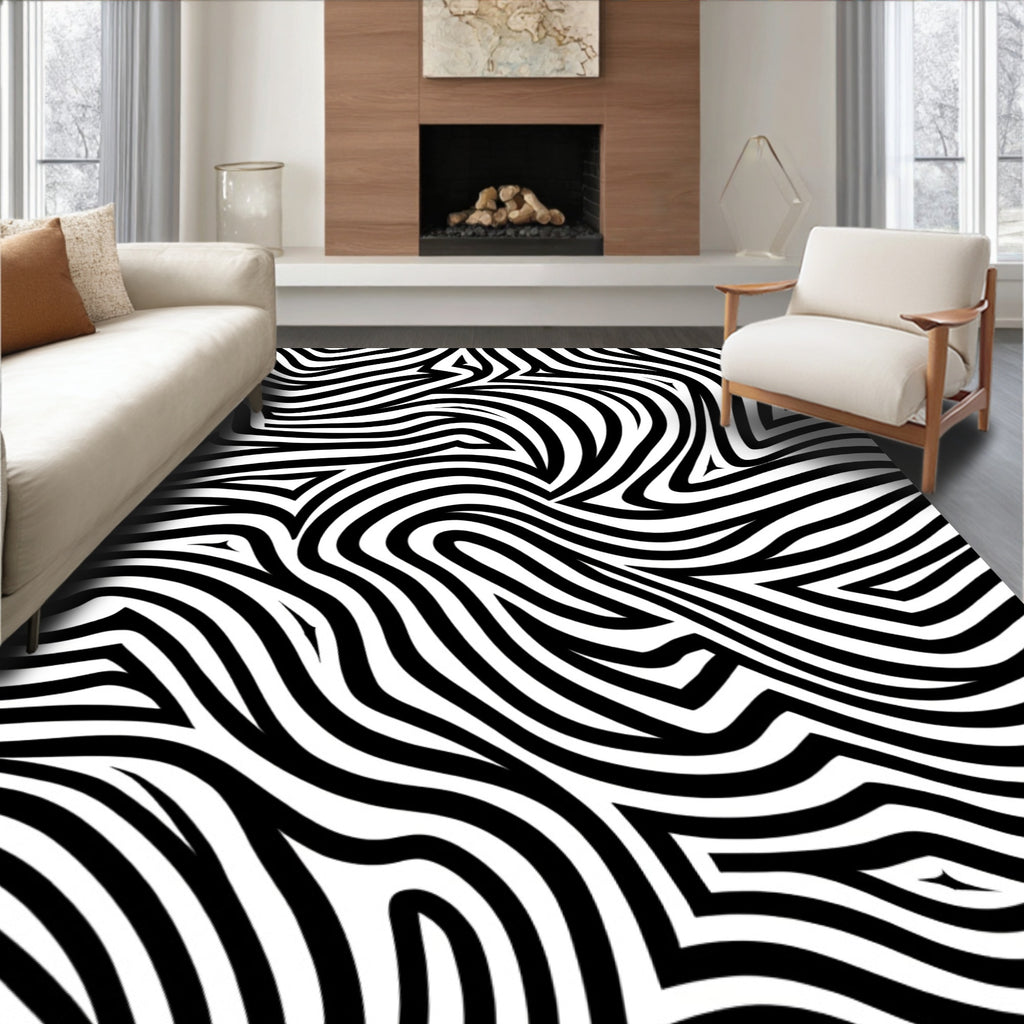Bold Black White Abstract Waves Rug