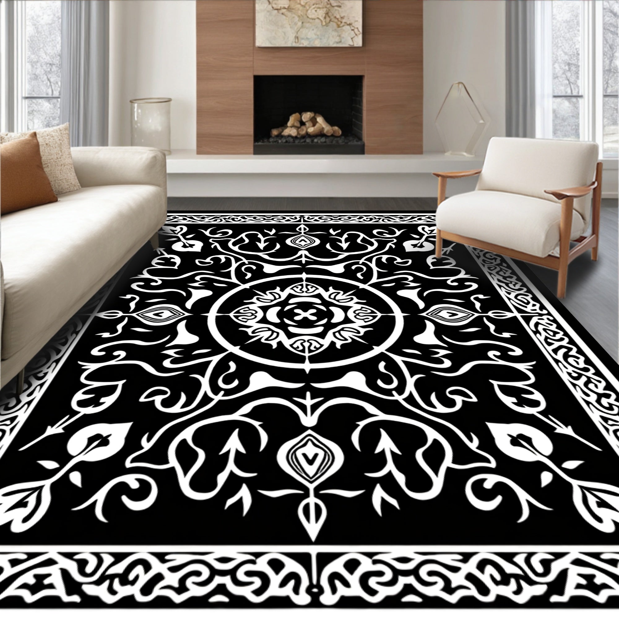 Black White Ornate Scroll Pattern Rug