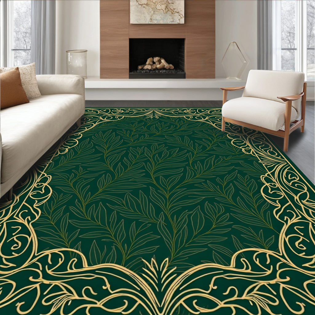 Elegant Leaf Patterned Frame Rug