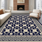 Classic Navy Floral Border Pattern Rug