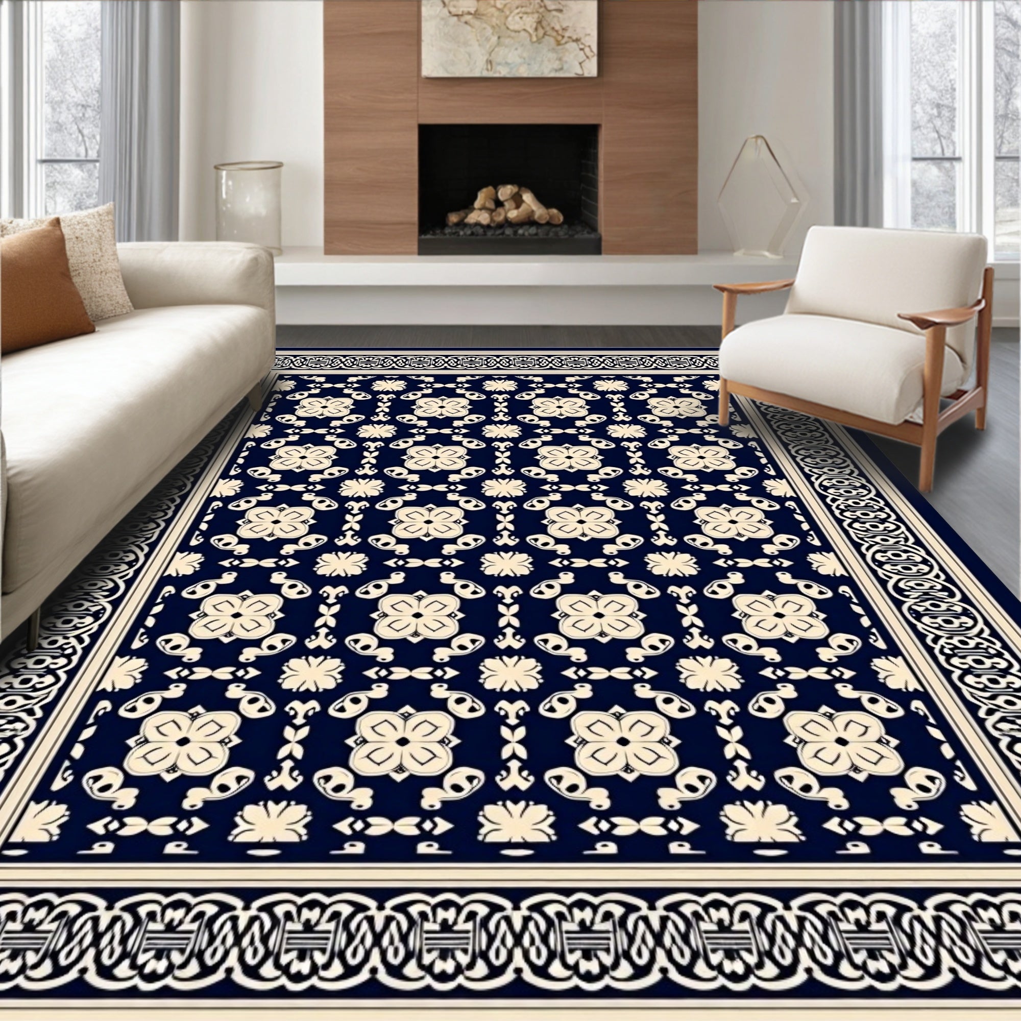 Classic Navy Floral Border Pattern Rug