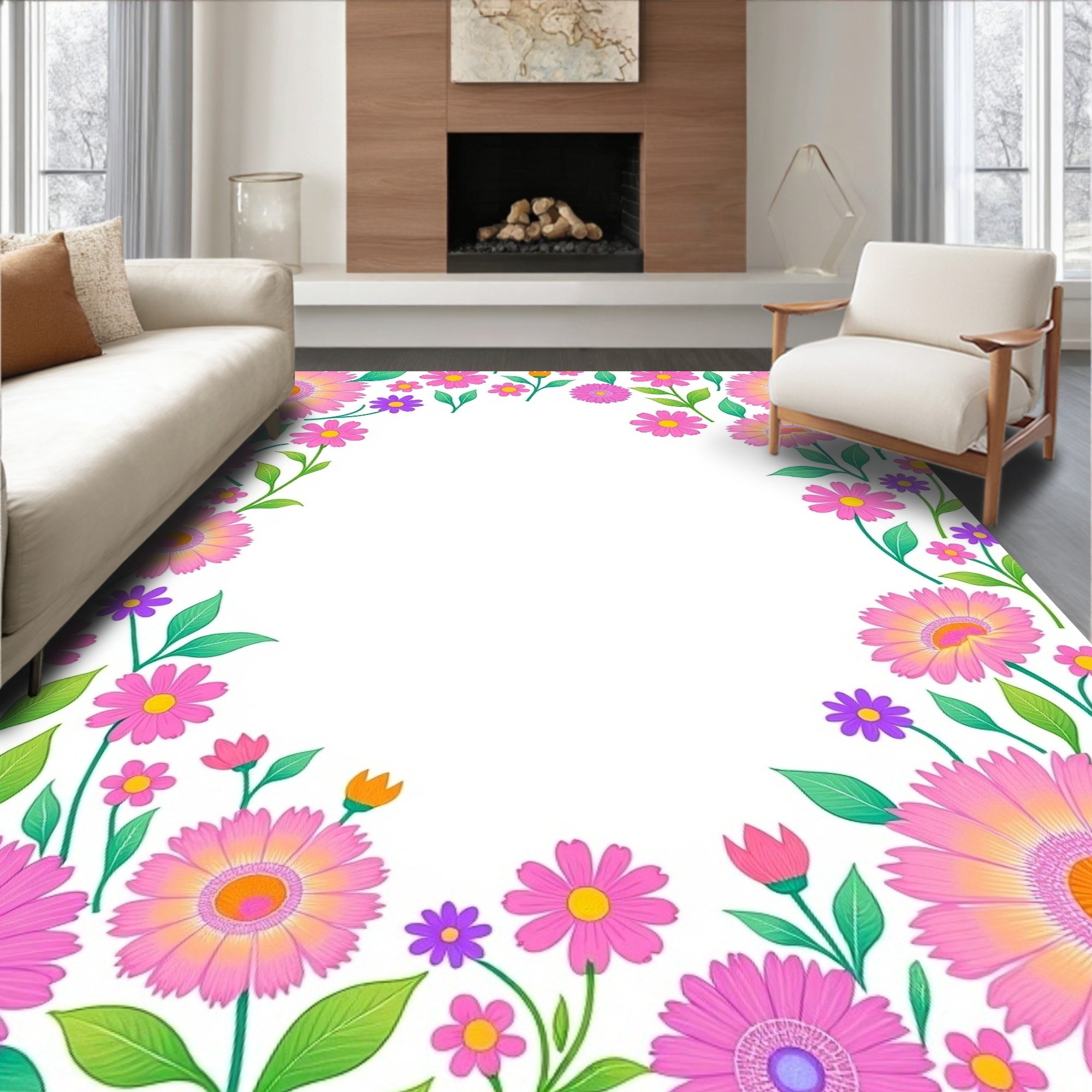 Pink Floral Border Design Rug