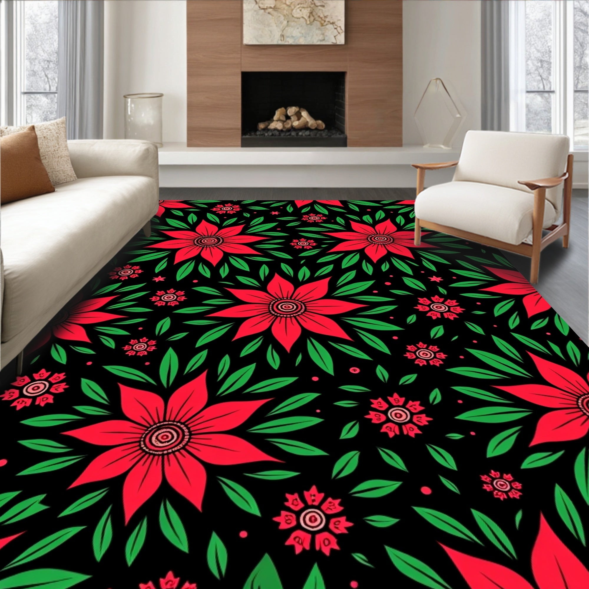 Red Scarlet Floral Arrangement Rug