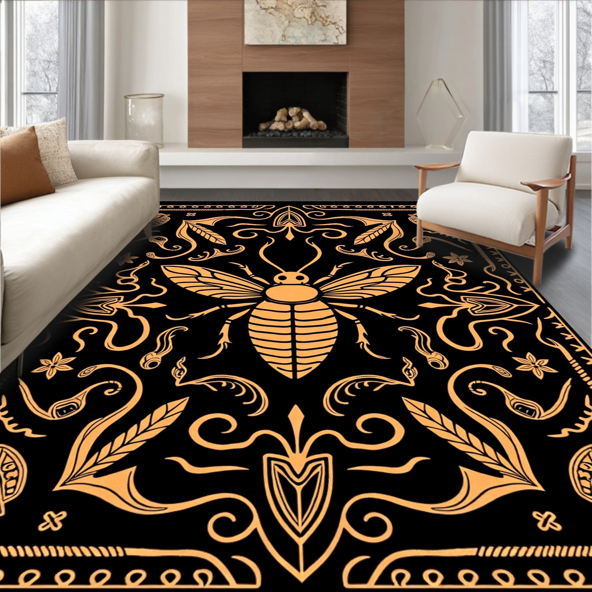 Golden Bee Black Ornate Rug