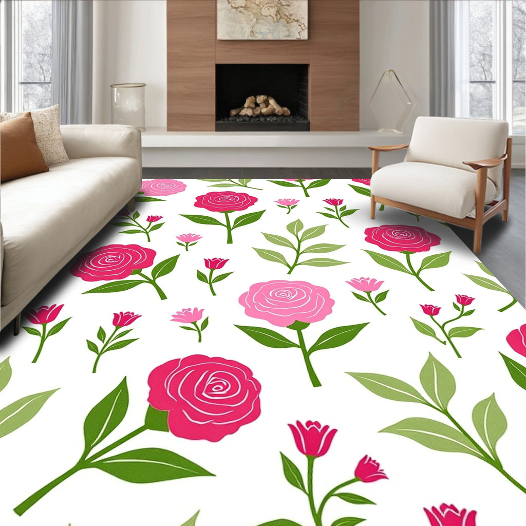 Pink Rose Floral Patterned Design Rug