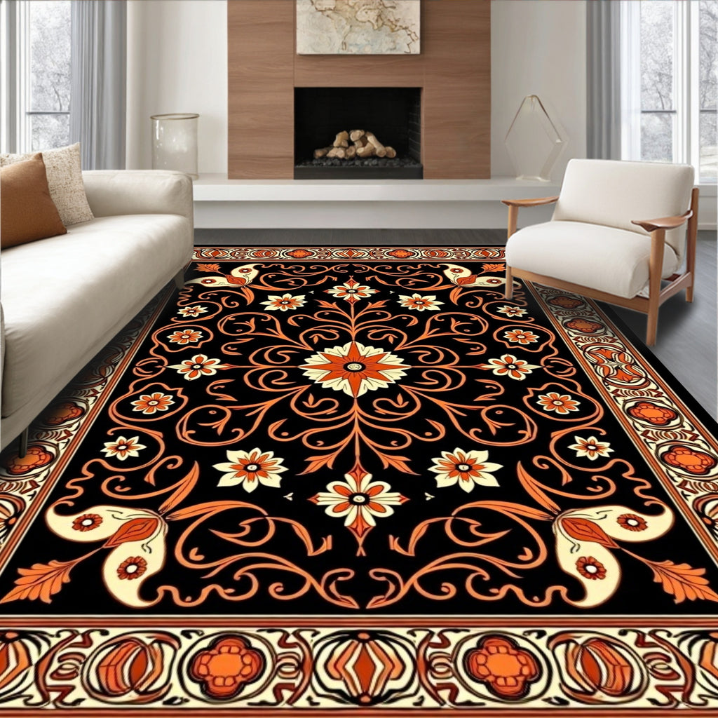 Black Orange Floral Scroll Border Rug