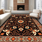 Black Orange Floral Scroll Border Rug