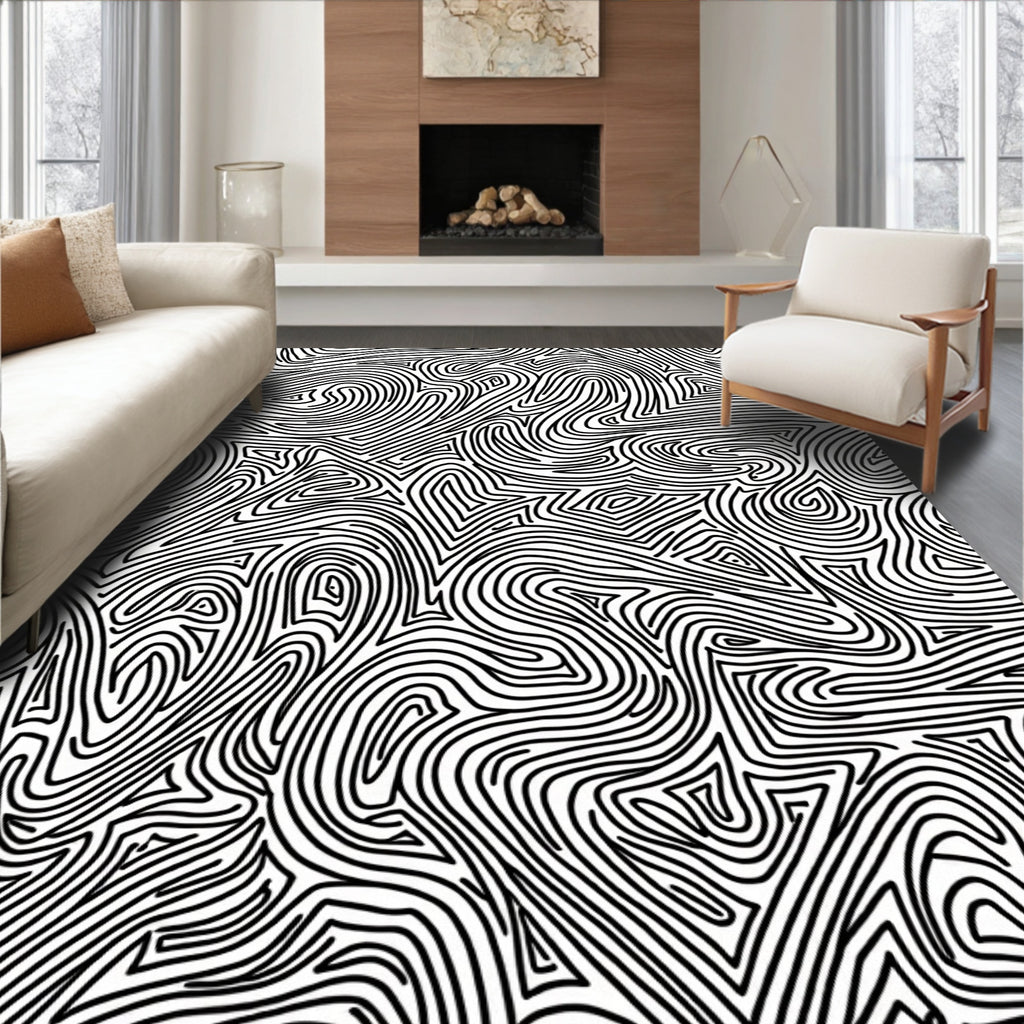 Bold Black Abstract Labyrinth Pattern Rug