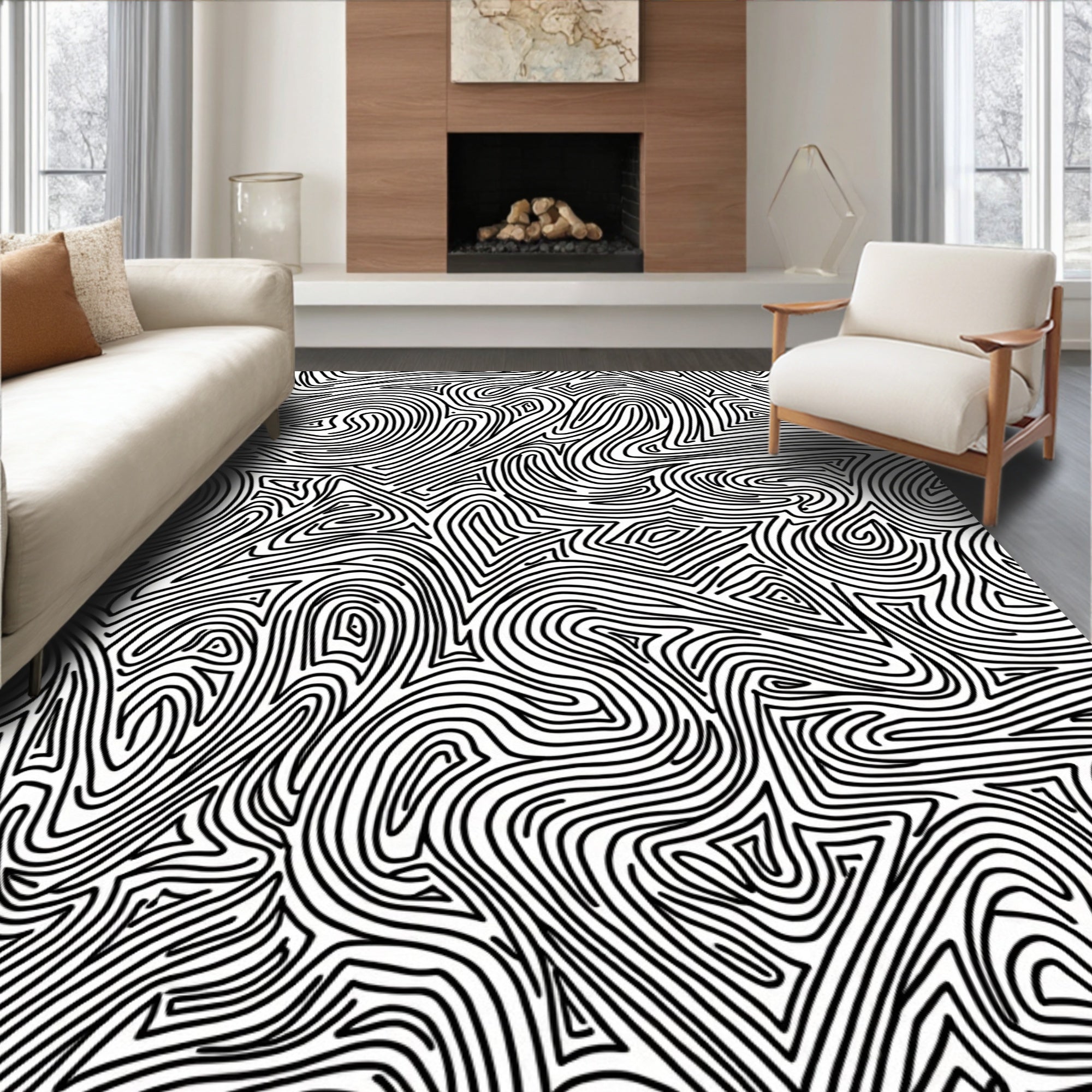 Bold Black Abstract Labyrinth Pattern Rug