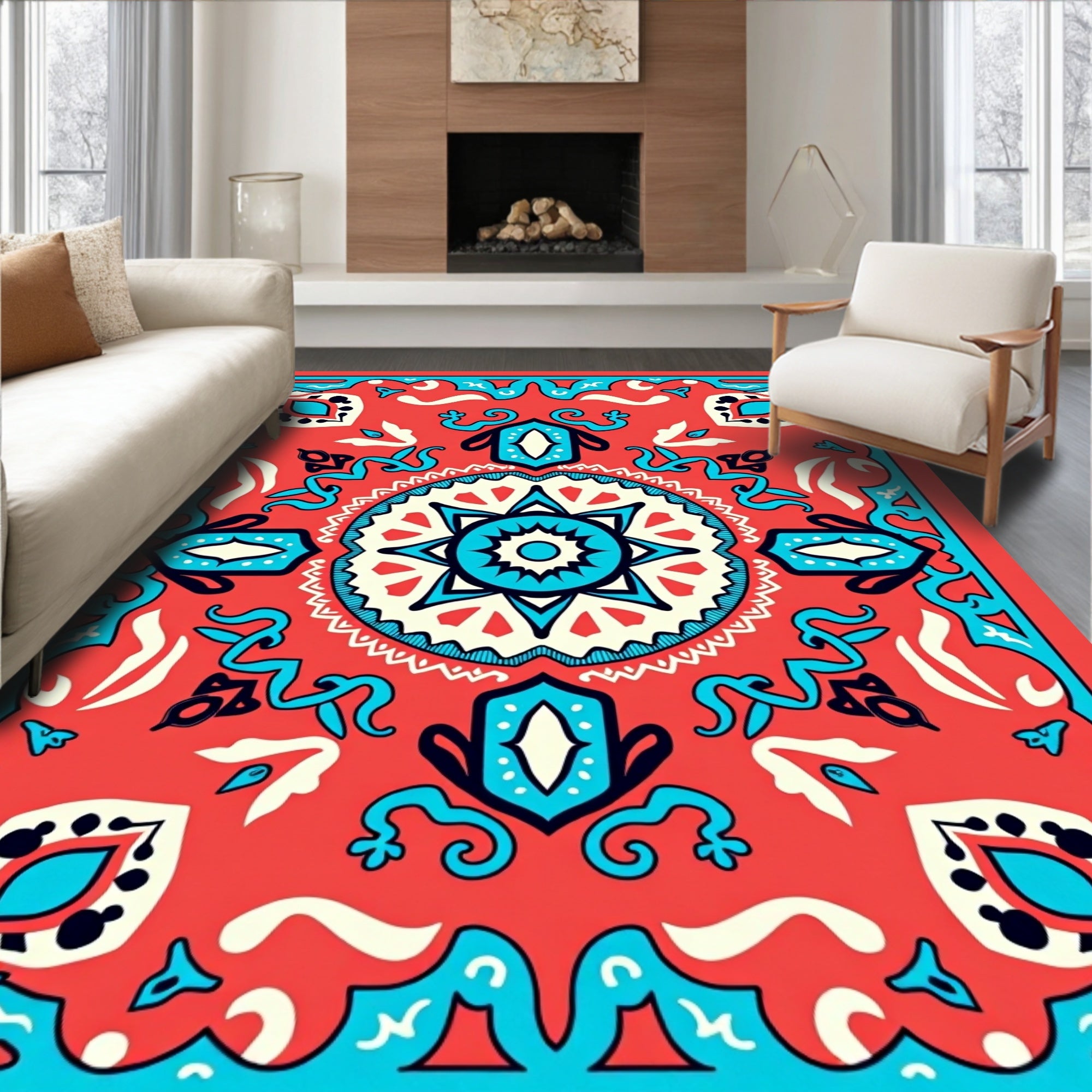 Bold Coral Aqua Medallion Pattern Design Rug