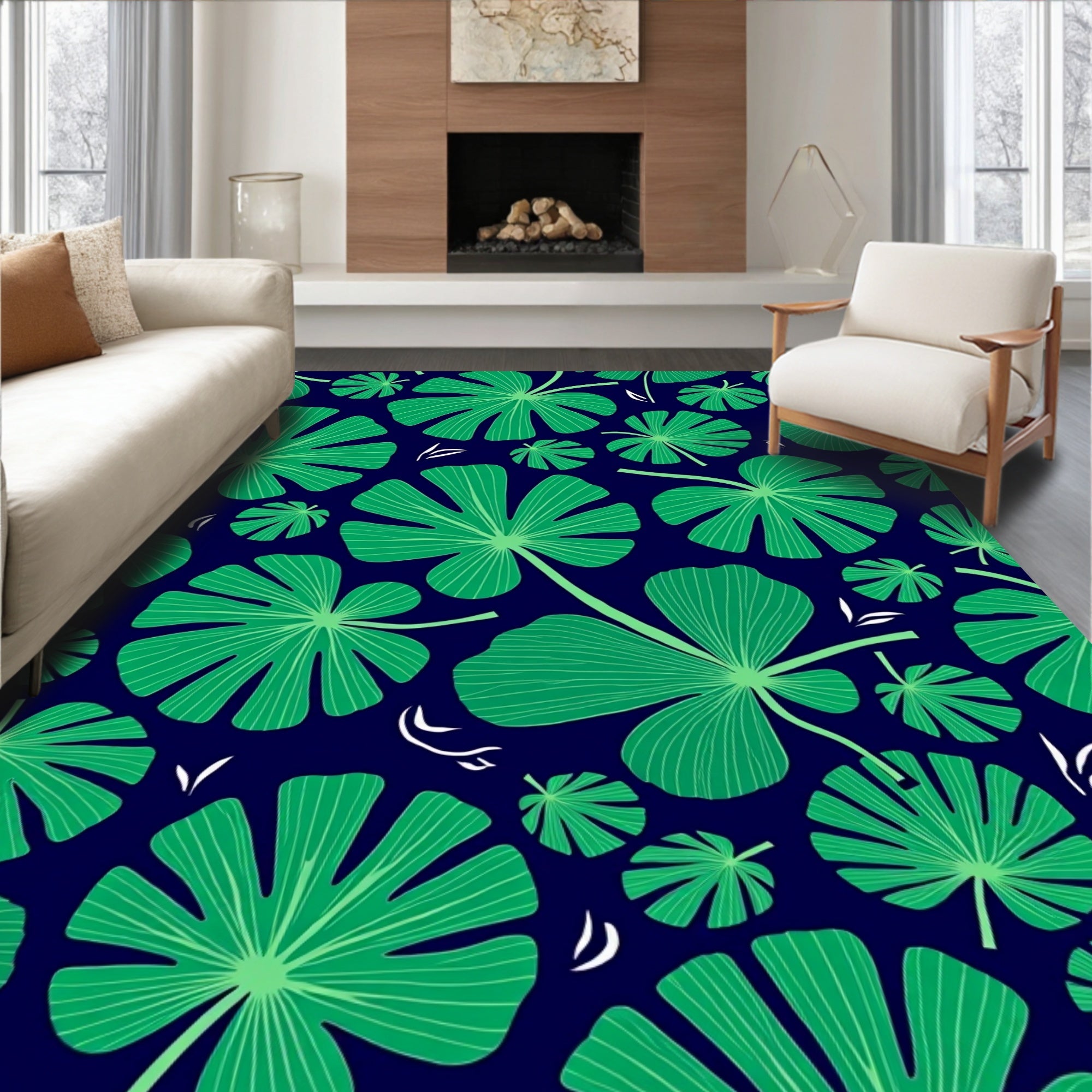 Emerald Ginko Leaf Pattern Rug