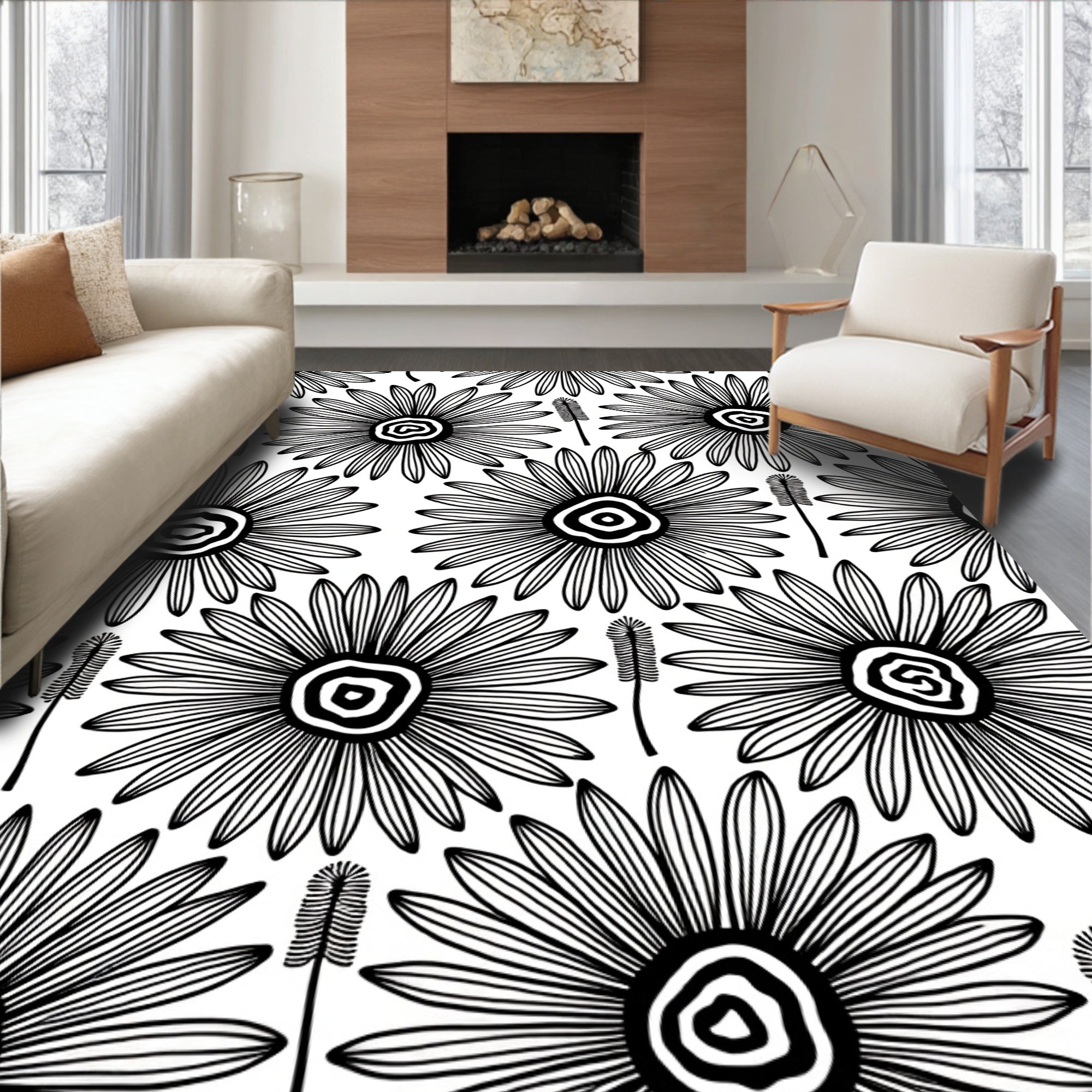 Daisy Patterned Graphic Line Art Rug