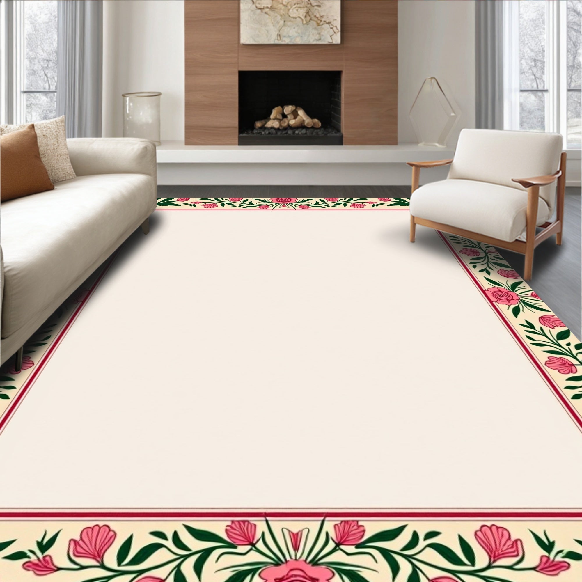 Floral Vine Patterned Border Design Rug