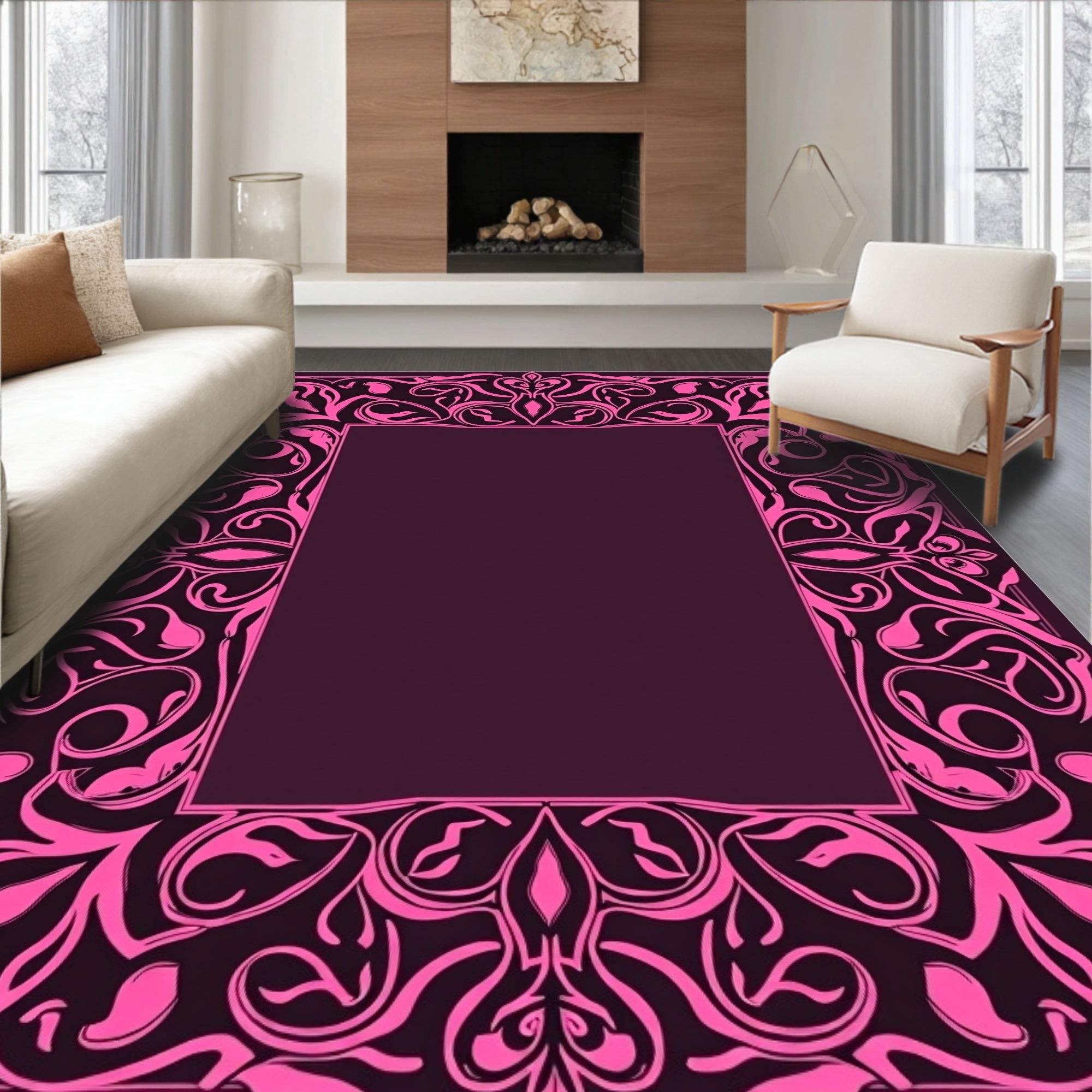 Ornate Pink Floral Scroll Border Design Rug
