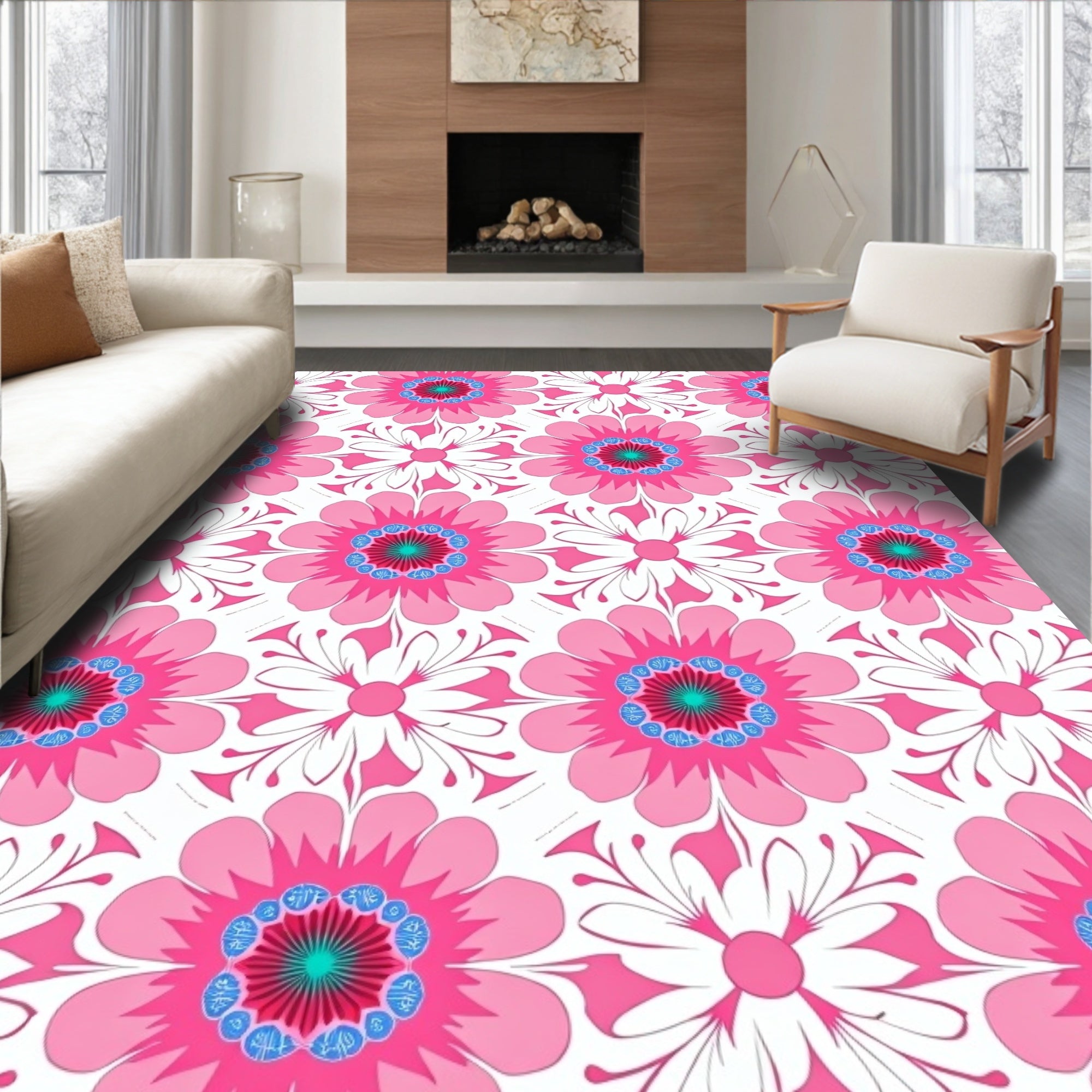 Pink Floral Pattern With Blue Accents Rug