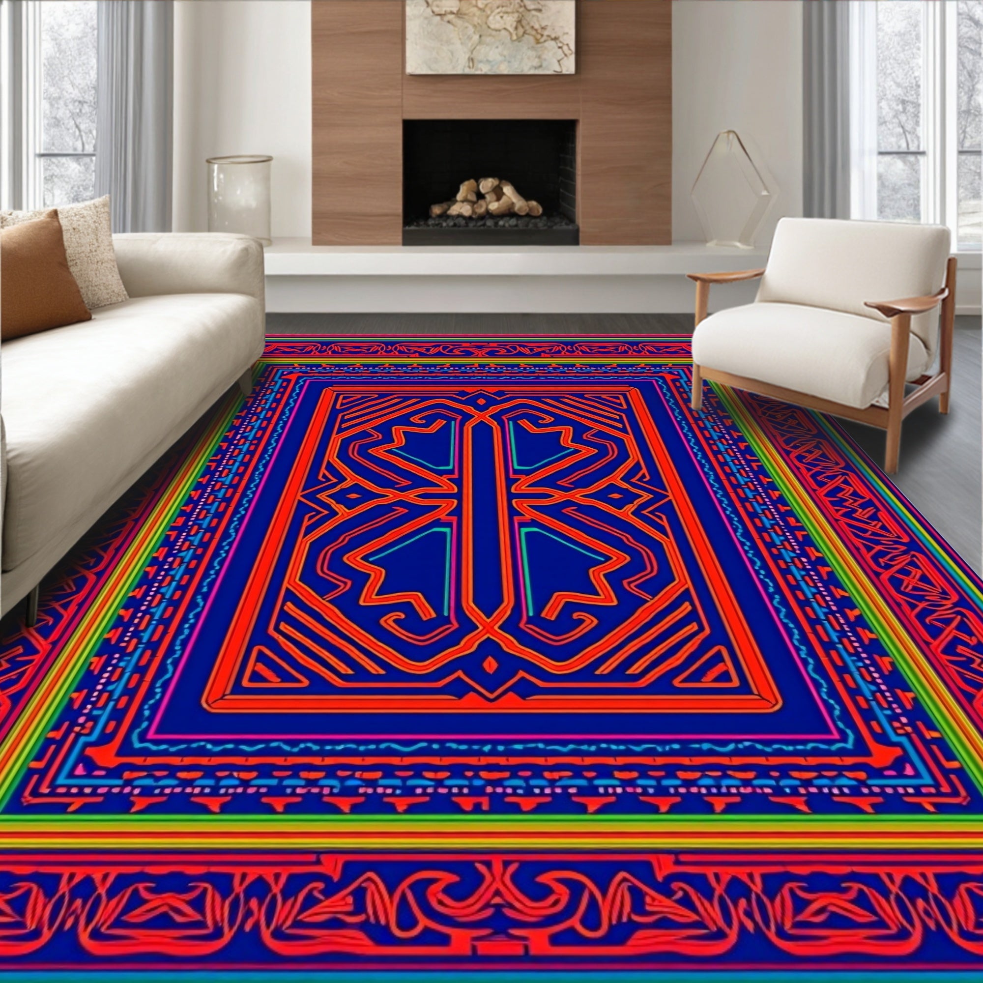 Vibrant Blue Red Geometric Frame Area Rug