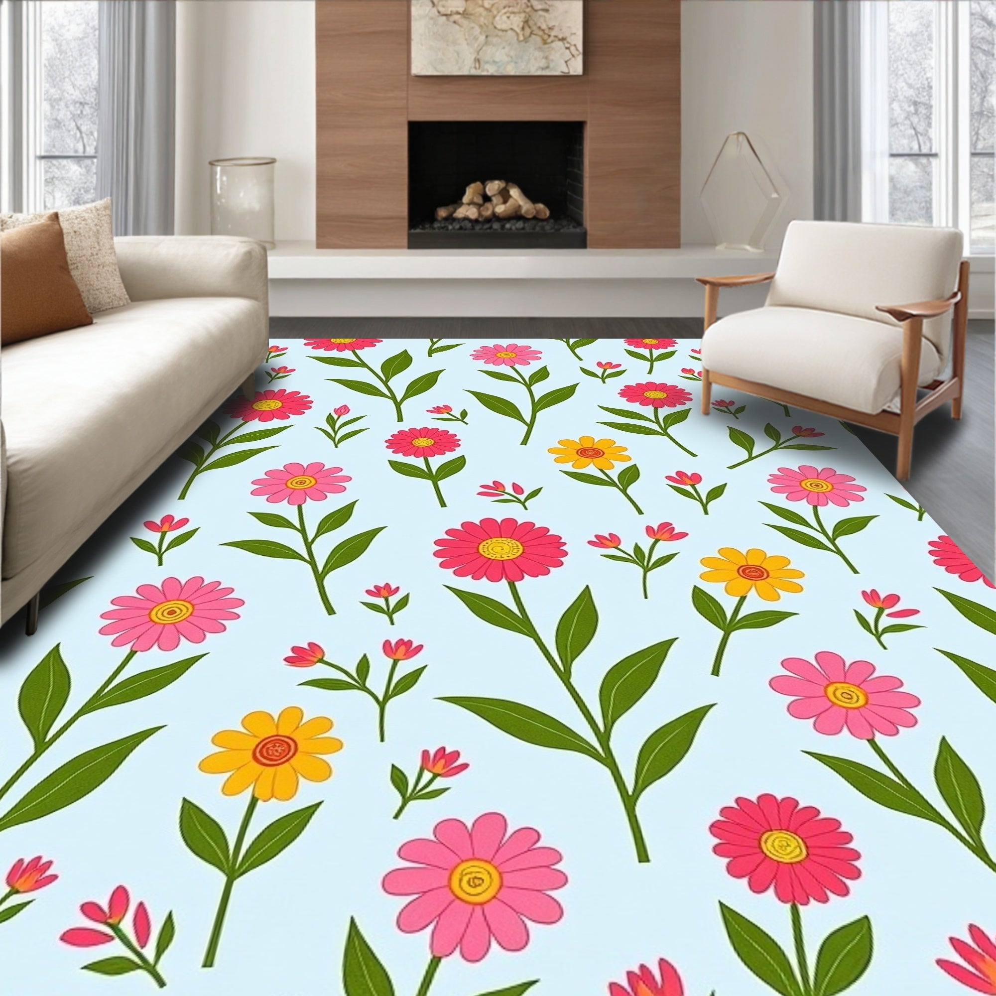 Pink Yellow Floral Pattern Design Rug