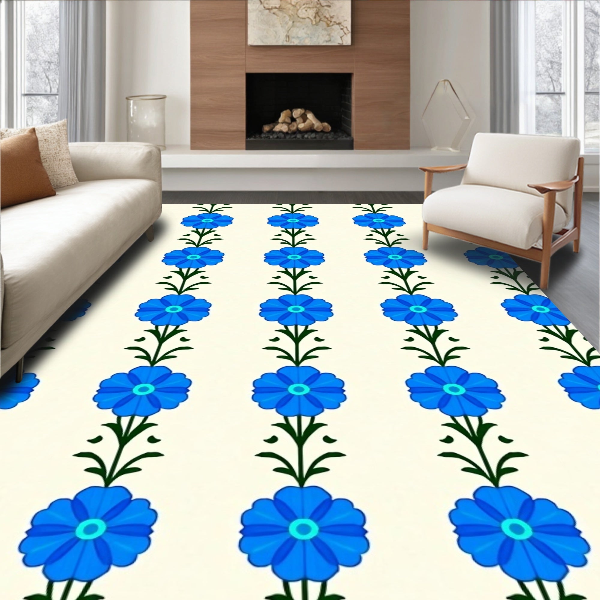 Classic Blue Floral Garland Repeating Rug