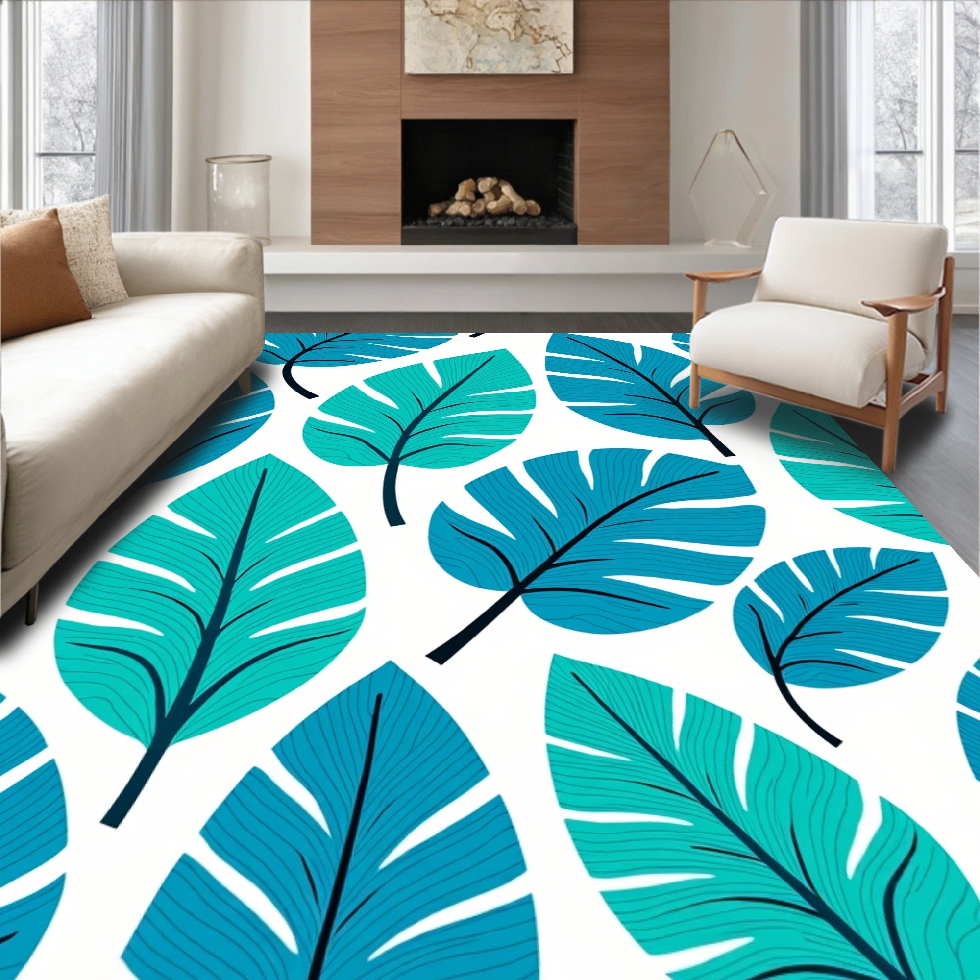 Turquoise Tropical Leaf Pattern Rug