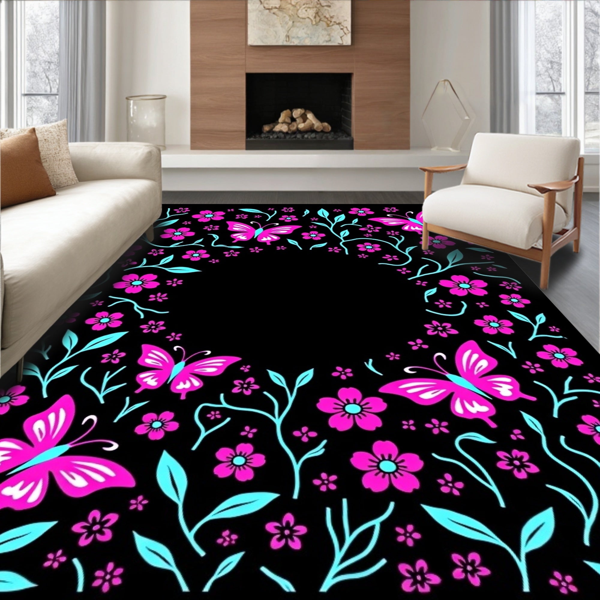 Pink Butterfly Aqua Floral Garden Rug