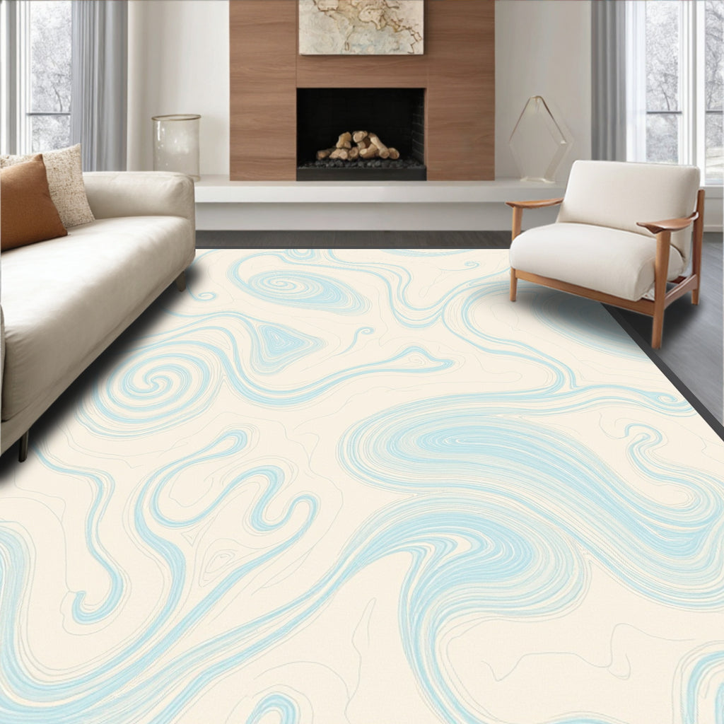Cream And Sky Blue Swirling Ribbons Rug