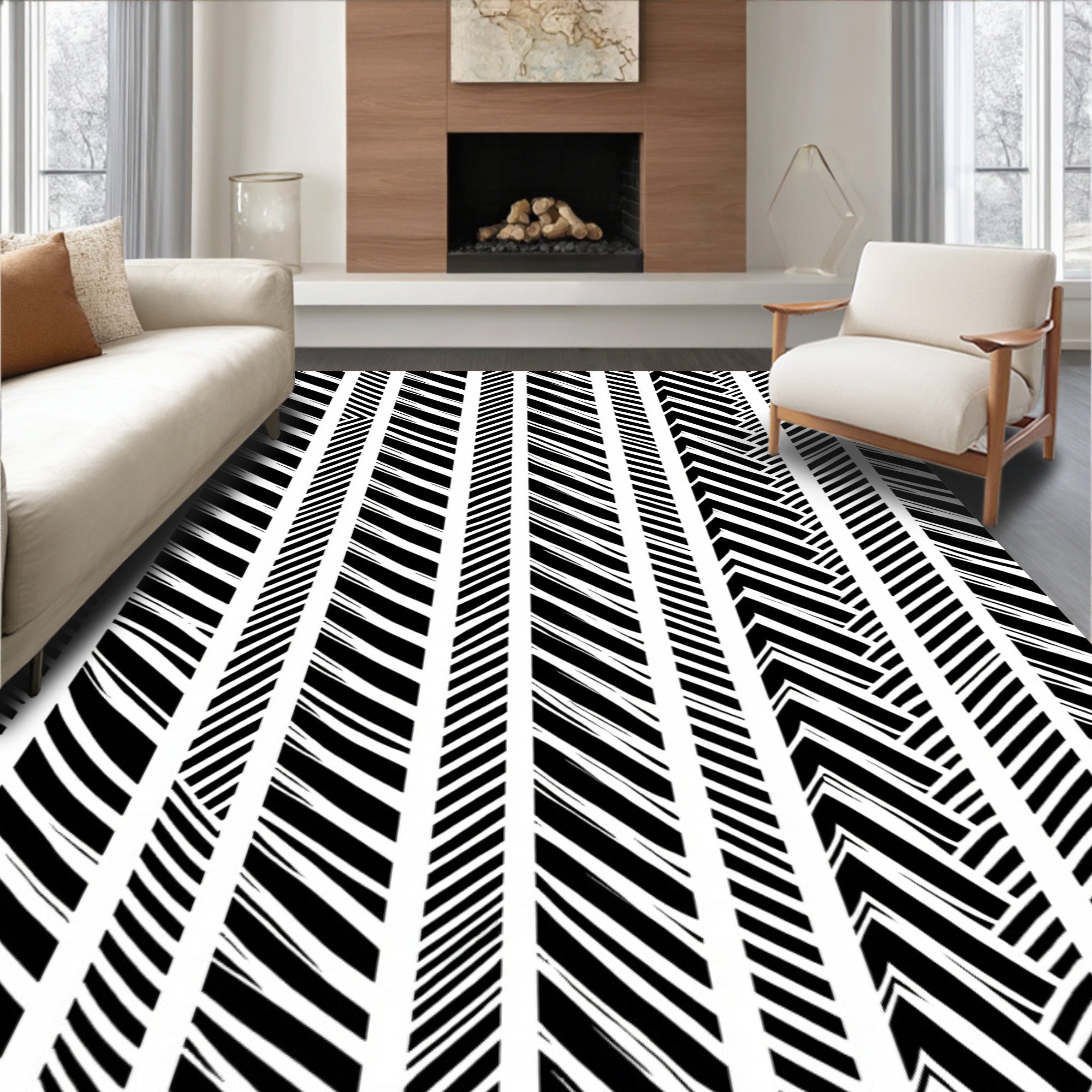 Bold Black White Vertical Stripe Pattern Rug