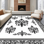 Ornate Black Scrollwork and Floral Pattern Rug