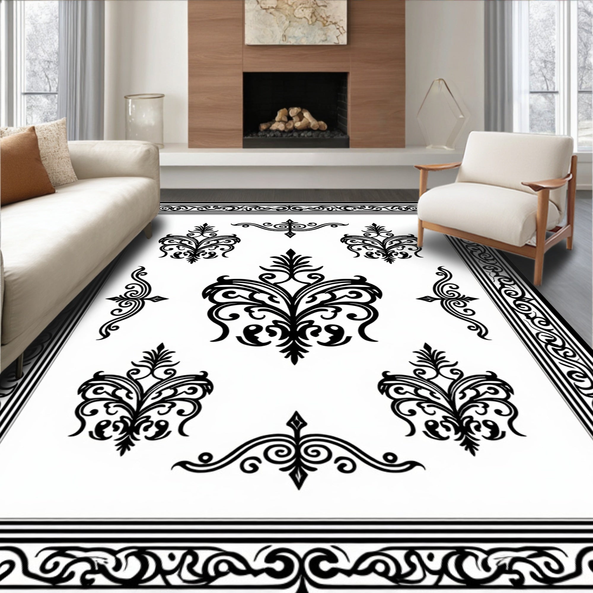 Ornate Black Scrollwork and Floral Pattern Rug