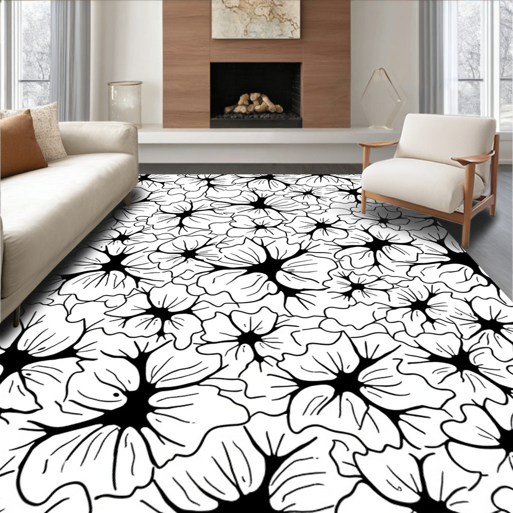 Bold Black Outline Floral Pattern Rug