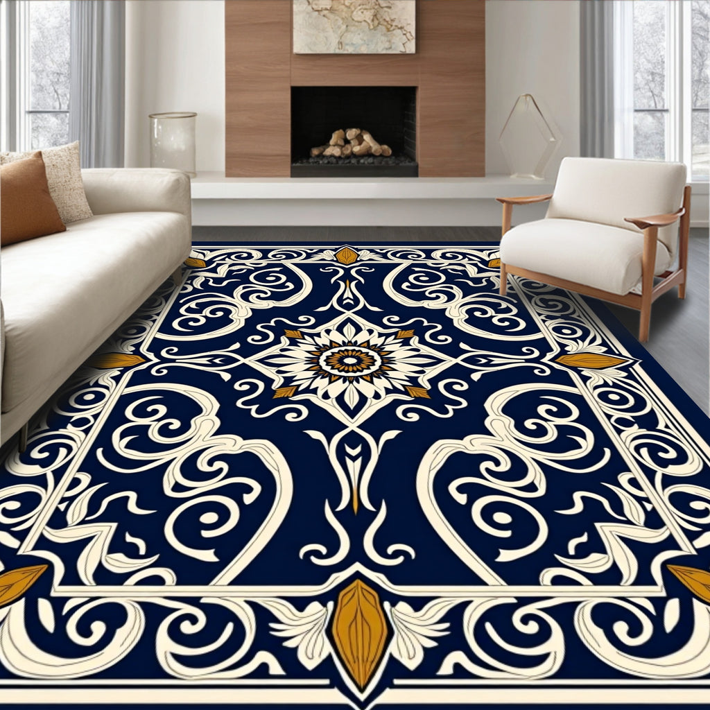 Intricate Dark Blue Floral Ornamental Design Rug
