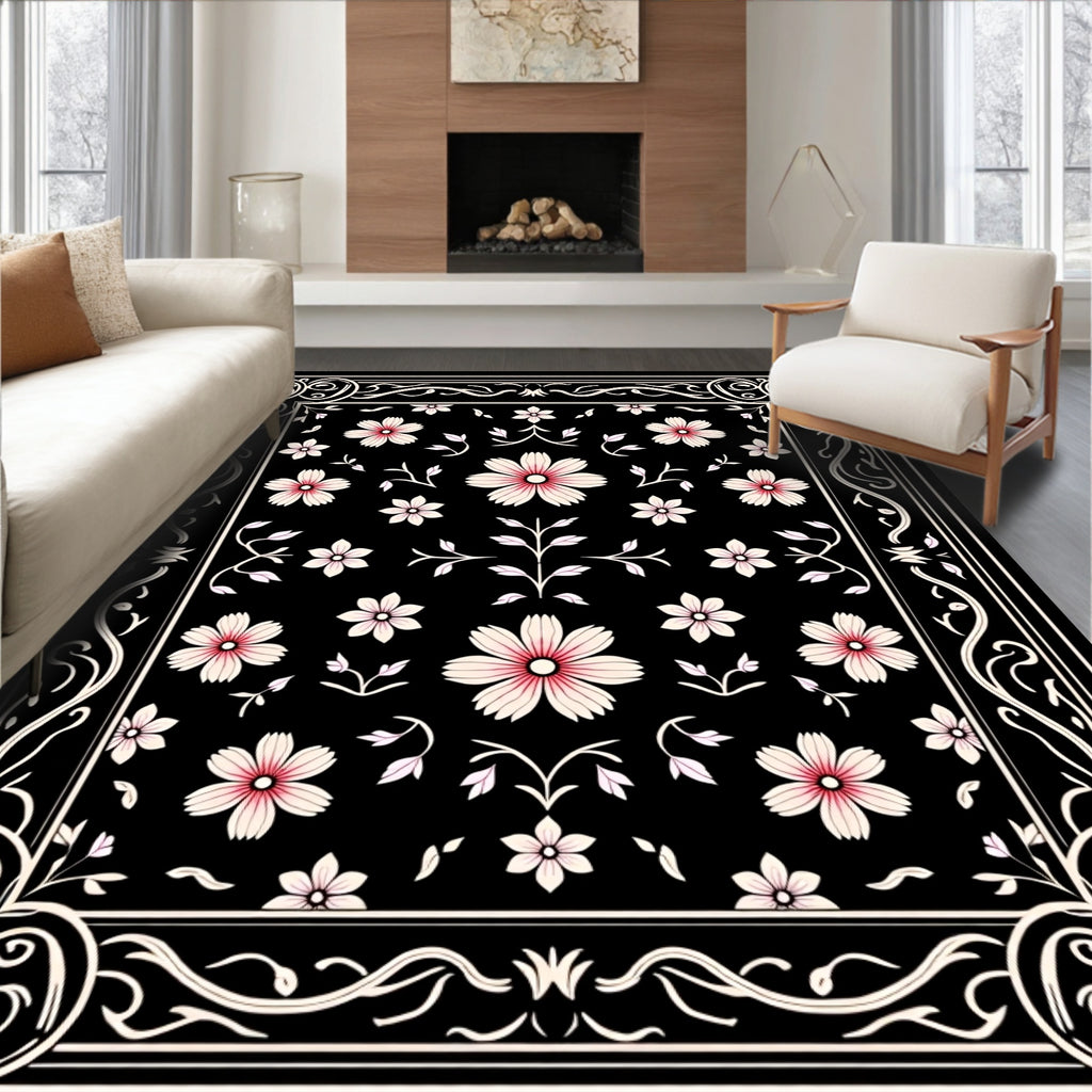 Elegant Floral Bordered Black Design Rug