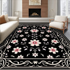 Elegant Floral Bordered Black Design Rug