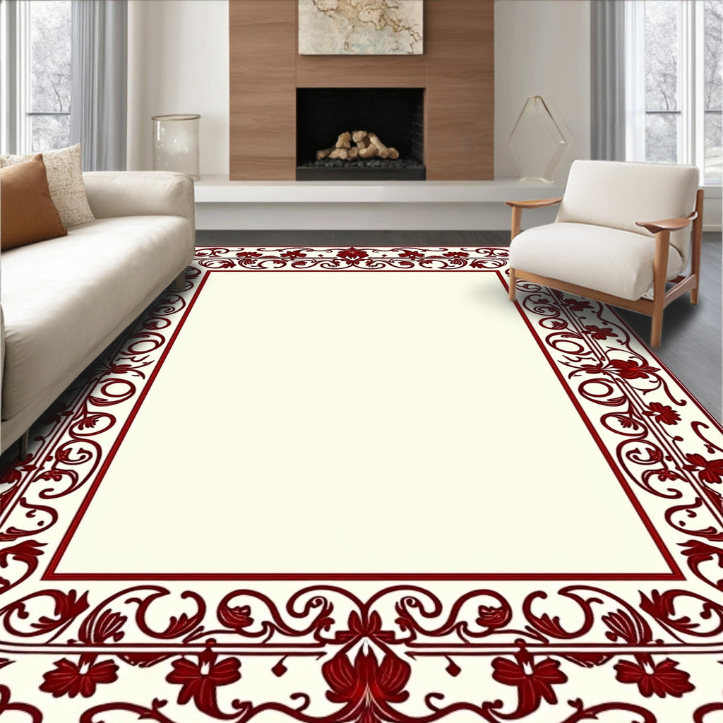 Rich Red Floral Vine Pattern Border Rug