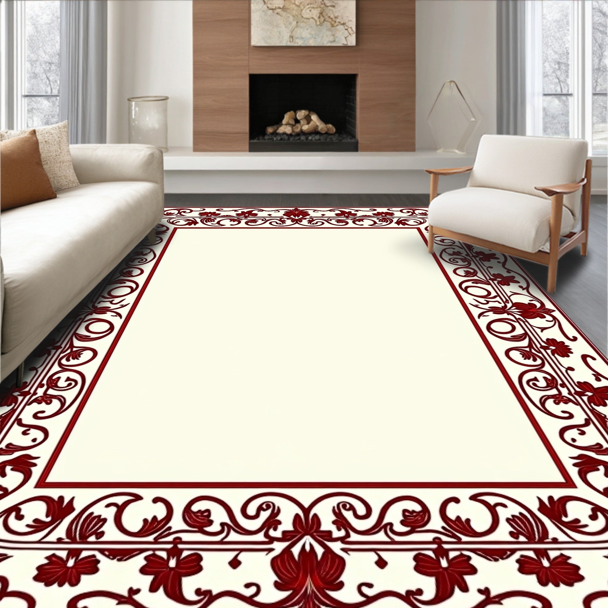 Rich Red Floral Vine Pattern Border Rug