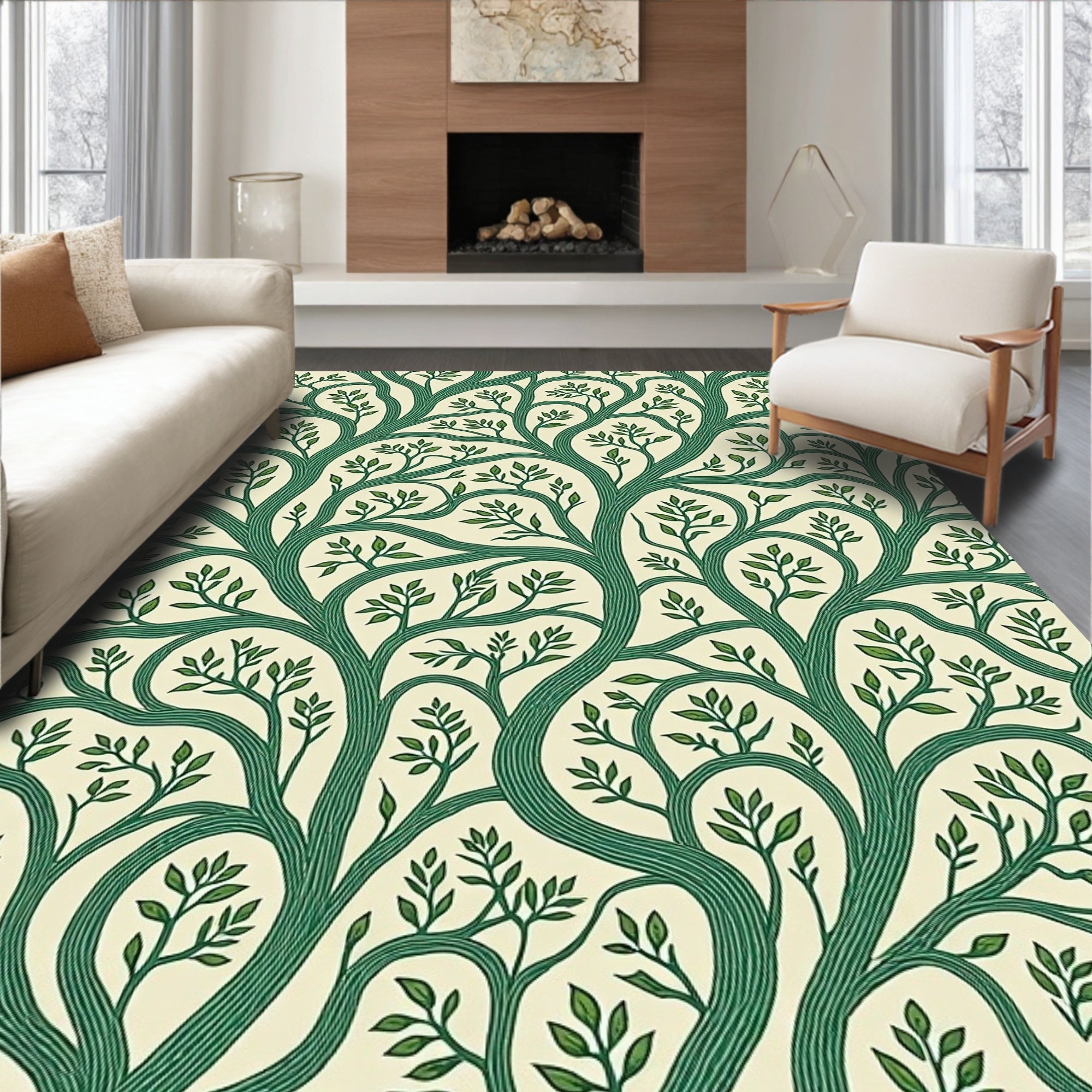 Elegant Green Tree Branch Pattern Rug