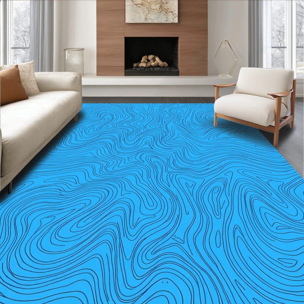 Abstract Blue Wavy Line Pattern Rug