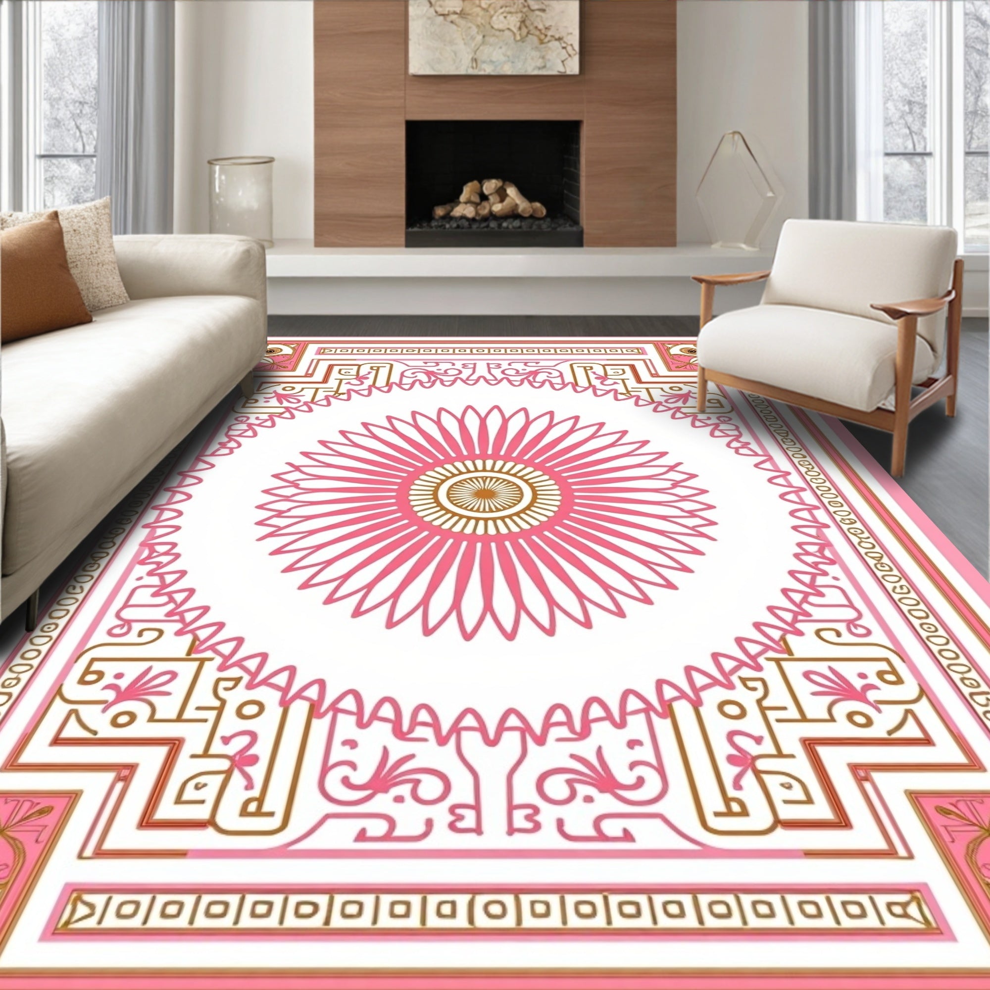 Pink Floral Geometric Intricate Design Rug